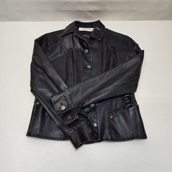 Paris Blue Faux Leather Jacket Small (3-5) Snap Buttons Leopard Trim Detail VGC - Picture 6 of 11
